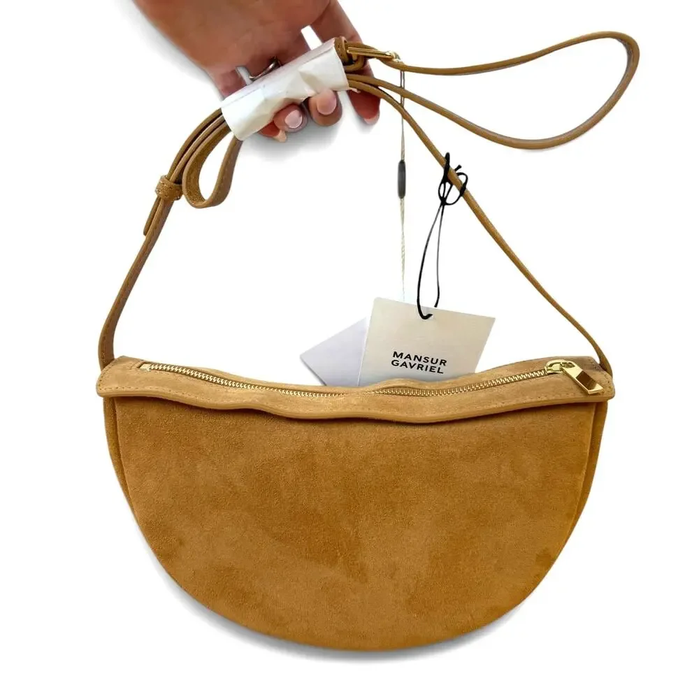 NWT Mansur Gavriel Moon Crossbody Sling Bag Caramel Suede Leather Crescent